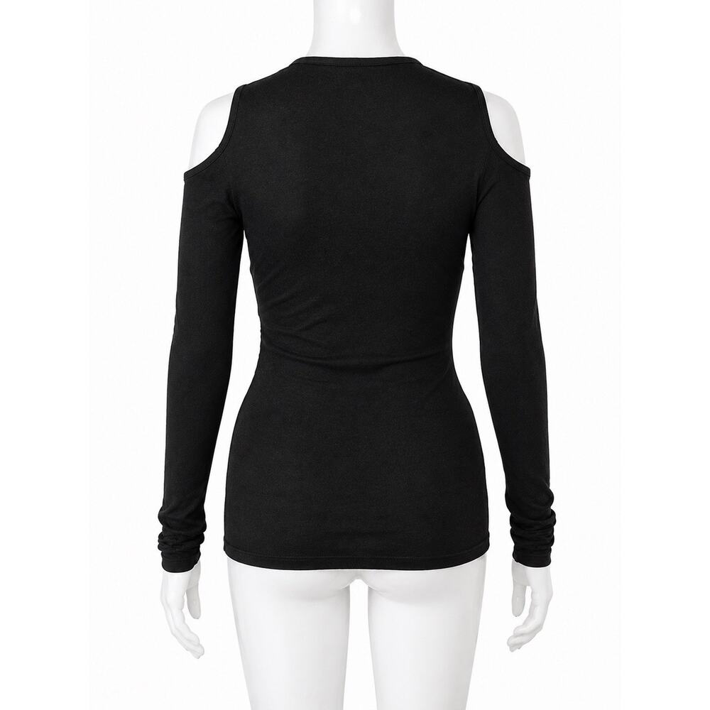 Cache Black Cold Shoulder Wrap Top M Viscose Stretch Surplice Long Sleeve - Picture 2 of 8